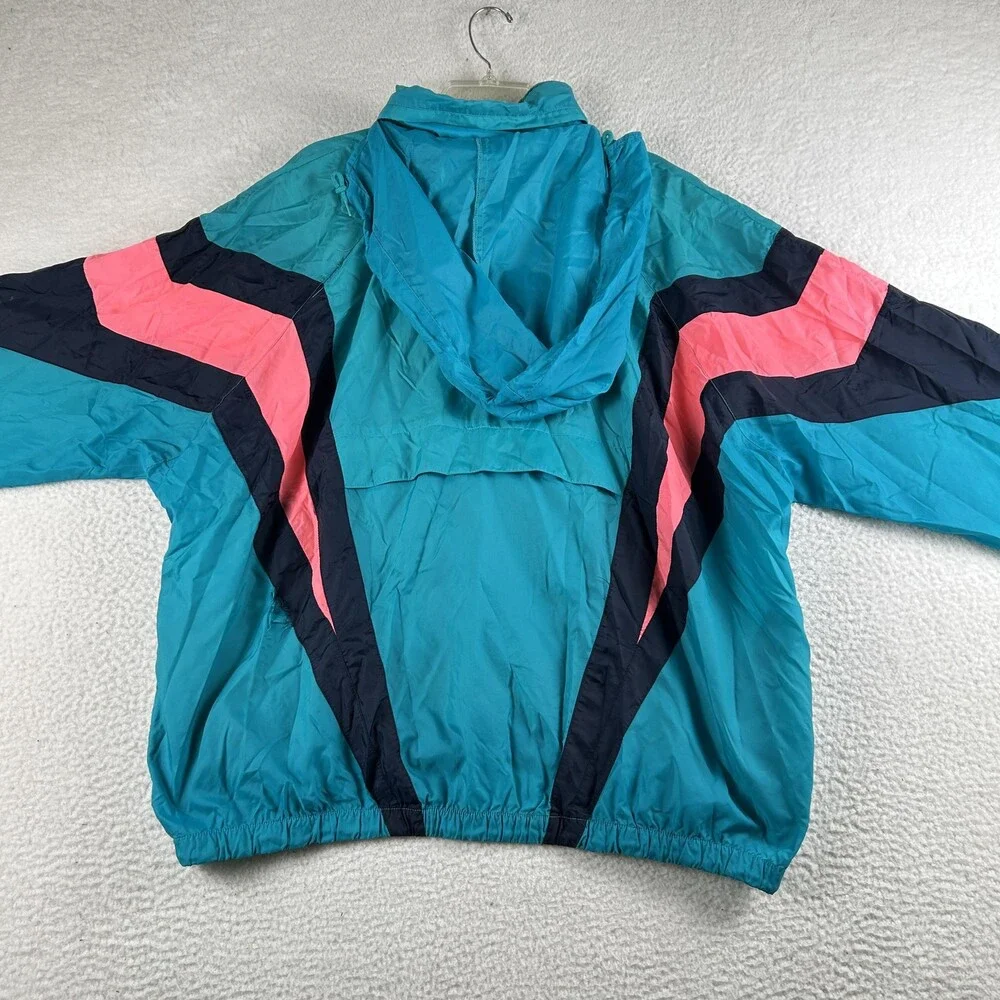 Vintage Adidas Jacket Mens XL Blue Hooded Colorblock Windbreaker Pullover 80s